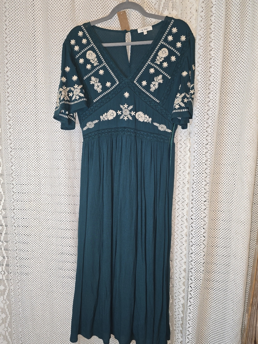 In Loom Emerald Green Embroidered Midi Dress, Short Sleeve, Womens Medium